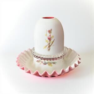 Fenton Mossy Rose Fairy Lamp 3-Piece Satin Frosted Cranberry Pink Antique-Style